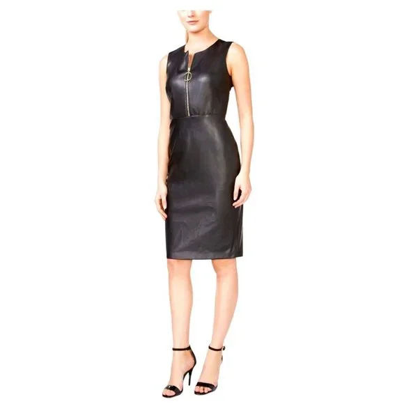 chinese dress ladies Calvin Klein Womens Solid Faux Leather Sheath Dress Black 6 at Amazon  Women's Clothing store